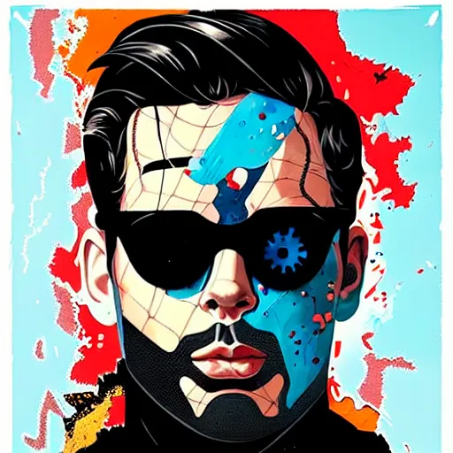 Prompt: a portrait of a man with side profile blood in ocean intricate details :: wearing a hazmat suit and sun glasses by MARVEL comics and Sandra Chevrier