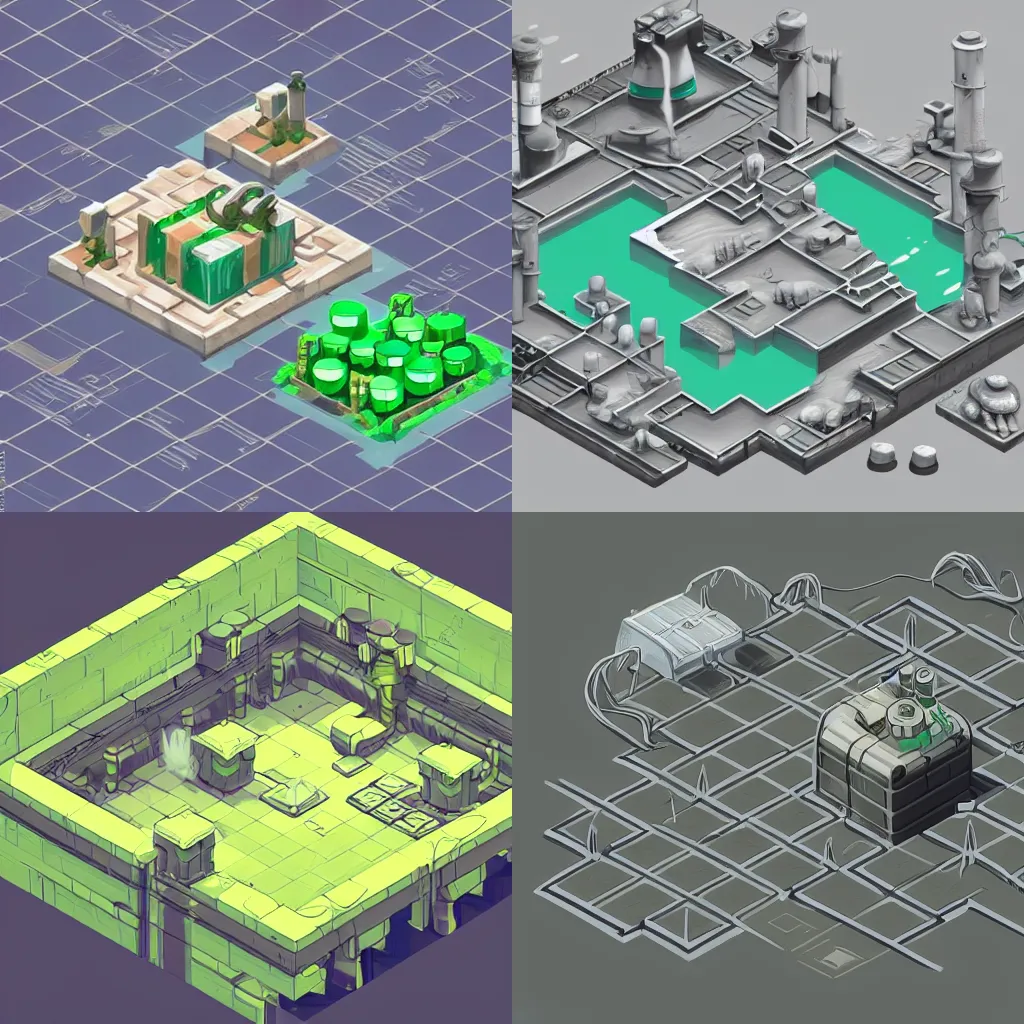 Prompt: isometric concept art of a secret pool of nuclear waste, dangerous chemical hazards, nier automata spaceship style, anime style, 3d, clean