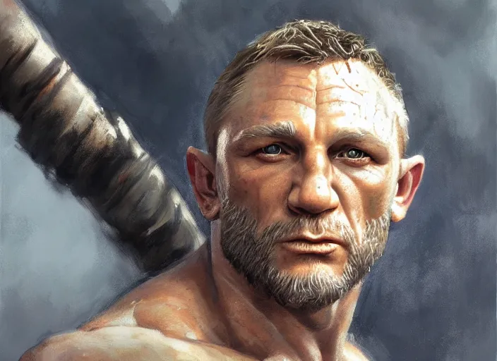 Image similar to a highly detailed beautiful portrait of daniel craig kratos hybrid god of war, by gregory manchess, james gurney, james jean, octane, fantasy