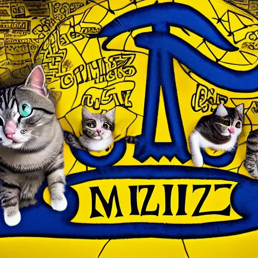 Prompt: cat wizards dressed in yellow raincoats. A banner that reads 'Wiz Biz only, Fools' adorns the back wall. Hypermaximalistic, hyper detailed 4k resolution