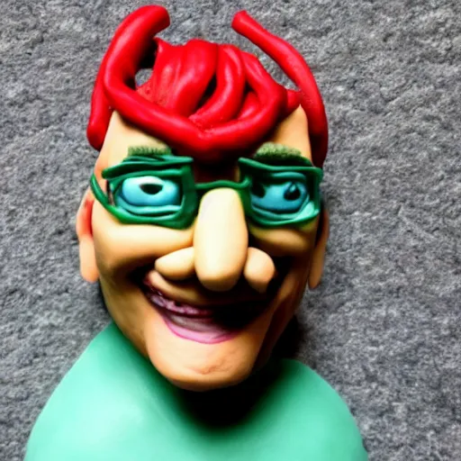 Image similar to riff raff, made of clay, as a claymation character