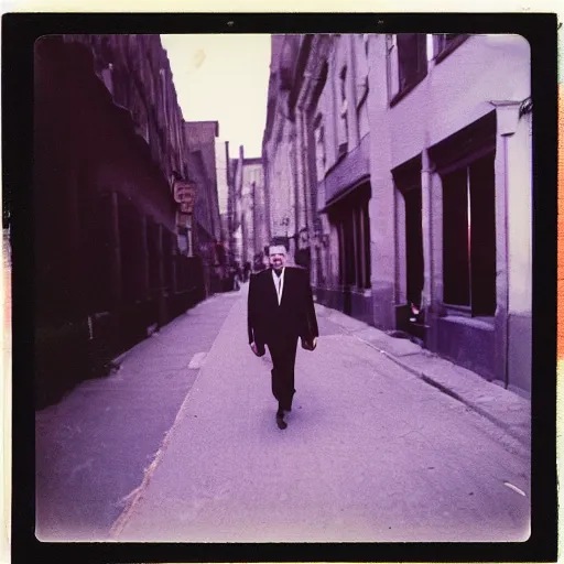 Image similar to wide-shot low angle of empty formal suits walking down the Night Vale street, polaroid photo, by Andy Warhol