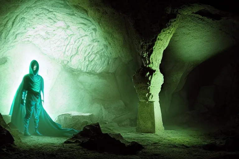 Image similar to vfx film, soul reaver, raziel irl, price of persia movie, missing jaw, hero pose, devouring magic souls, scarf, hood, glowing green soul blade, in epic ancient sacred huge cave temple, flat color profile low - key lighting award winning photography arri alexa cinematography, hyper real photorealistic cinematic beautiful, atmospheric cool colorgrade