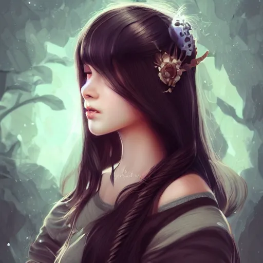 Image similar to teen girl, long black hair, gorgeous round face, brown pollover, amazing, elegant, intricate, highly detailed, digital painting, artstation, concept art, sharp focus, illustration, art by ross tran
