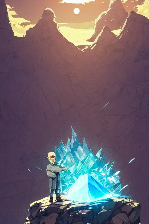 Image similar to walter white enjoying the look of a majestic crystal on a mountain, high intricate details, rule of thirds, golden ratio, cinematic light, 8 k, octane render, anime style, graphic novel by fiona staples and dustin nguyen, art by beaststars and orange, peter elson, alan bean, studio ghibli, makoto shinkai