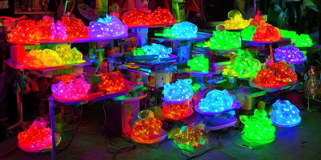 Image similar to edible rgb lights being sold at a road side stand, cyberpunk, high quality, ue 5.