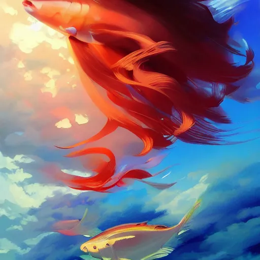 Image similar to koy fish swimming between clouds, colorful, fine detail!! anime!! realistic shaded lighting!!, kim hyun joo, digital painting by ilya kuvshinov, magali villeneuve, artgerm, jeremy lipkin and michael garmash and rob rey