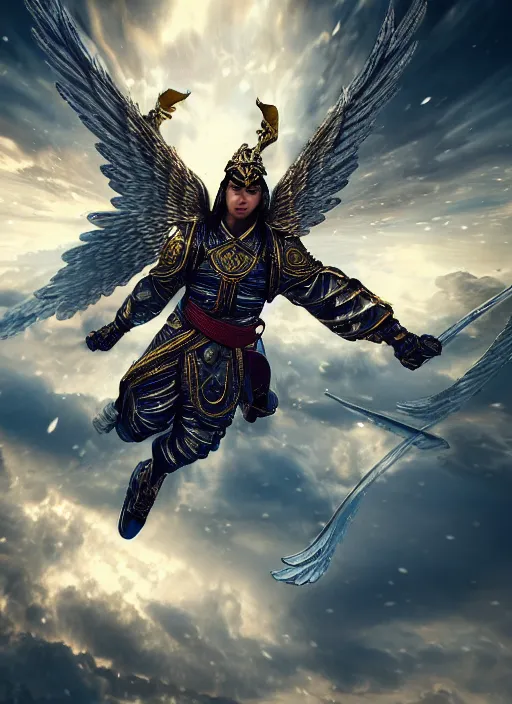 Image similar to archangel micheal flying in sky by huang guangjian, taekwon kim rostbite 3 engine, cryengine, dof, trending on artstation, digital art, chanel, dior, fantasy and detailed and intricate background