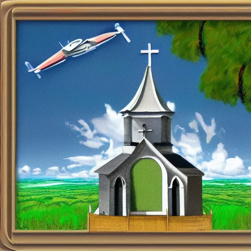 Prompt: paint surrealist 🛩🌿⛪, digital art