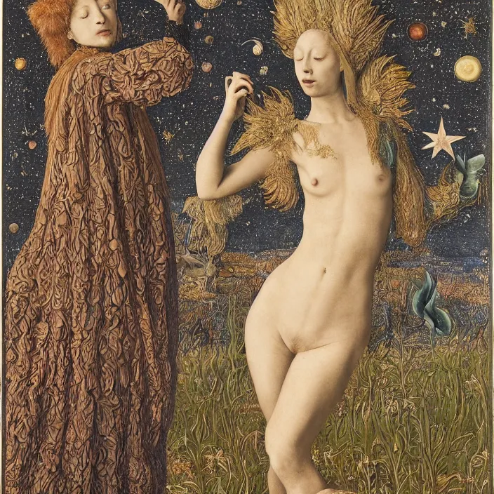 Image similar to a wide landscape with a tattood alien girl with fish scales and feathers changing into a plant while the stars shine above like flower by jan van eyck, ernst fuchs, nicholas kalmakoff, joep hommerson, character, full body, catsuit, max ernst, hans holbein, lace