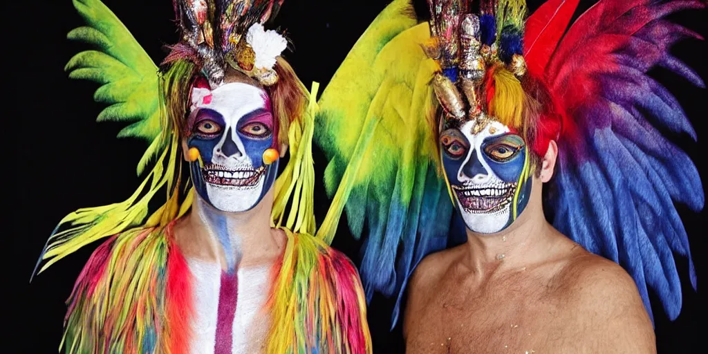 Image similar to ney matogrosso with multicolored paint on face, leather, lace, gold wings on head, skeleton body painting by gottfried helnwein