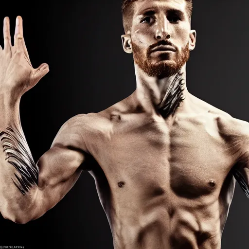 Image similar to a realistic detailed photo of a guy who is an attractive humanoid who is half robot and half humanoid, who is a male android, soccer player sergio ramos, shiny skin, posing like a statue, blank stare, in a living room, on display, showing off his muscles