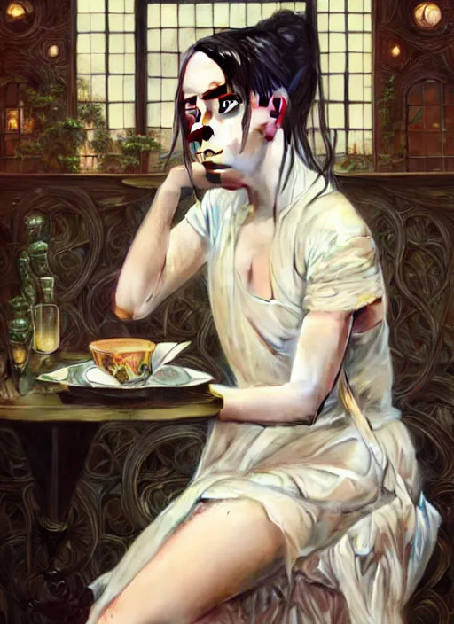 Image similar to Billie Eilish, sitting in a cafe, fantasy, intricate, elegant, highly detailed, digital painting, pale skin, artstation, concept art, matte, sharp focus, illustration, art by Artgerm and Greg Rutkowski and Alphonse Mucha