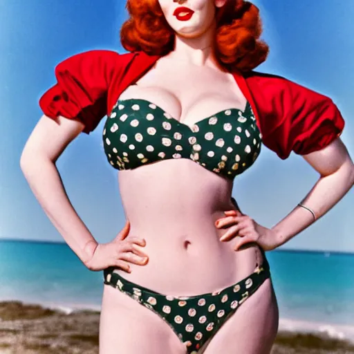 Image similar to B-25 bomber with pinup art of Christina Hendricks wearing a 1940s swimsuit. Medium format, high quality film stock. 120 film. airplane nose art