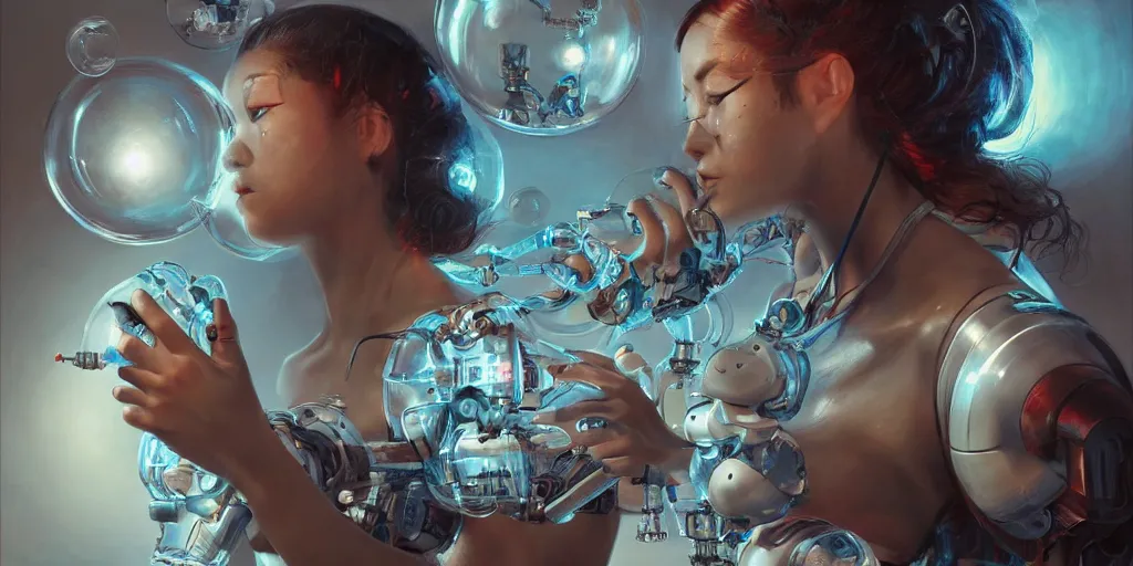 Prompt: hyperrealistic photography of a gorgeous big female cyborg constructing a bubble machine in the style of Jin Kagetsu, James Jean and wlop, highly detailed, masterpiece, award-winning, sharp focus, intricate concept art, ambient lighting, 8k, artstation