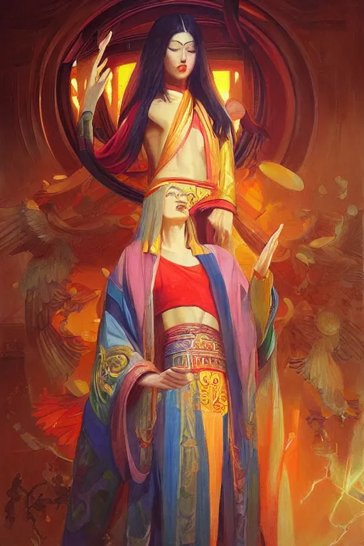 Image similar to temple, taoism, rainbow, painting by greg rutkowski, j. c. leyendecker, artgerm