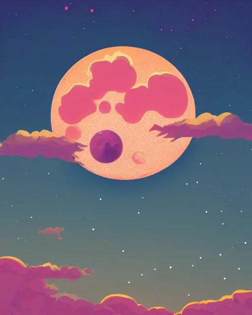 Prompt: beautiful painting of a smiling moon at night, art by mike winkelmann, golden hour, illustration, highly detailed, simple, smooth and clean vector curves, no jagged lines, vector art, smooth, artstation