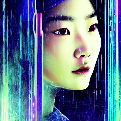 Image similar to a film still of jun ji hyun in bladerunner 2 0 4 9 in the rain with blue hair, cute - fine - face, pretty face, cyberpunk art by sim sa - jeong, cgsociety, synchromism, detailed painting, glowing neon, digital illustration, perfect face, extremely fine details, realistic shaded lighting, dynamic colorful background