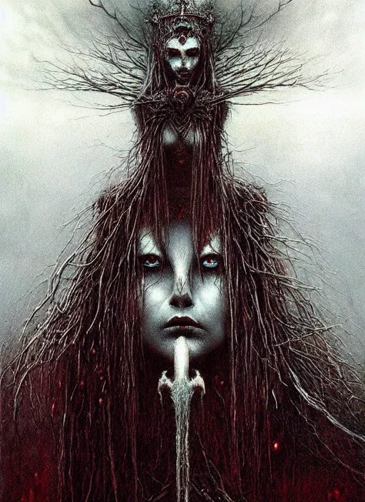 Image similar to majestic dark necromancer queen by Beksinski, Luis Royo