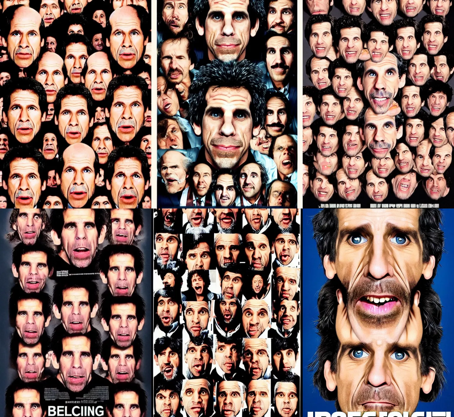 Prompt: movie poster for 'Being John Malkovich' face made of faces 'Being Ben Stiller'