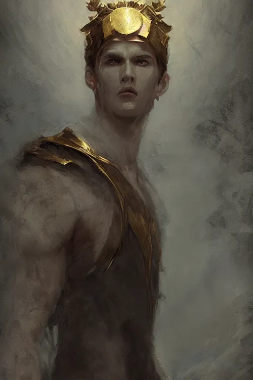 Image similar to a masculine elegant man from sideview and wearing golden laurel wreath, ethereal horror fantasy art by greg rutkowski and magali villanueve and monet con