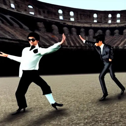 Prompt: goat tap dancing with michael jackson in the colosseum, realistic, clean, detailed