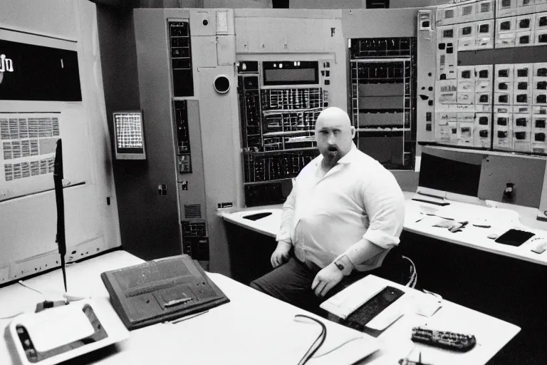 Image similar to movie heavyset bald man wearing a white shortsleeved shirt and blue jeans working in a nuclear silo control room by Roger Deakins