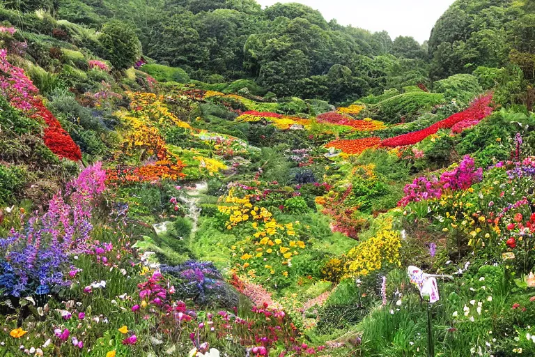 Image similar to outrageous flower garden next to a lush forest on a hill with tiny paths weaving everywhere and littl signposts marking the directions along the way, epic, beautiful light, highly detailed by beatrix potter, brian froud, amy brown, lisa frank