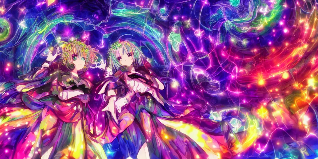 Image similar to Dreamy psychedelic anime, extremely colorful, geometric, Madoka witch labyrinth, patchwork, photoshop, HDR, 4k, 8k, abstract, two anime girls standing within two raging colorful vortexes, detailed and cute faces on the anime girls