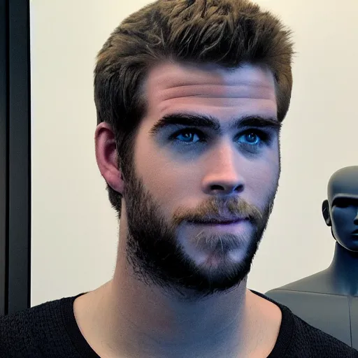 Image similar to “ a realistic detailed photo of a guy who is an attractive humanoid who is half robot and half humanoid, who is a male android, actor liam hemsworth, shiny skin, posing like a statue, blank stare, at the museum, on display ”