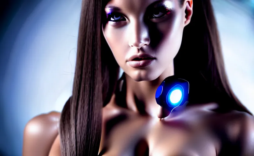 Image similar to medium shot cinematic flash photography, photograph of incredibly beautiful and alluring female cyborg looking into camera. smooth, elegant, sharp focus H 1216