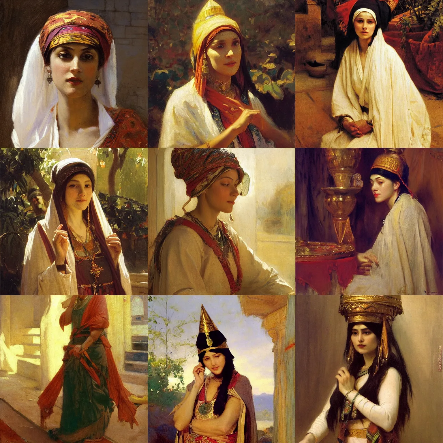 Prompt: orientalism painting of a priestess with a pointed cap by theodore ralli and nasreddine dinet and anders zorn and nikolay makovsky and edwin longsden long, oil on canvas, masterful intricate artwork, excellent lighting, high detail 8 k