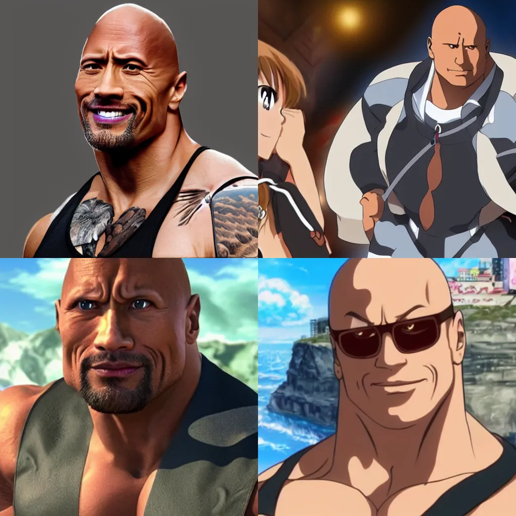 Prompt: Dwayne Johnson as a very cute anime catgirl