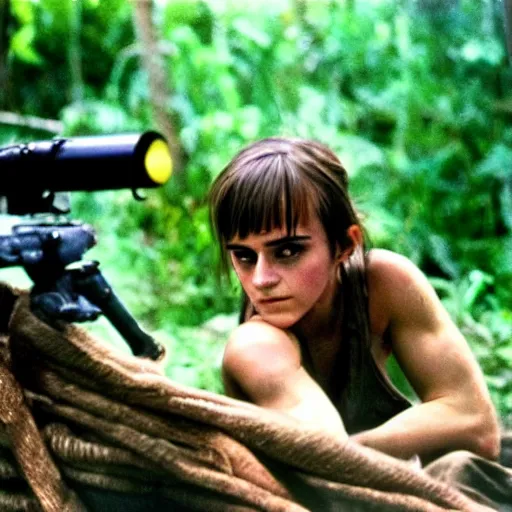 Image similar to film still, extreme far view, emma watson vietnam door gunner, film still from apocalypse now ( 1 9 7 9 ), 2 6 mm, kodak ektachrome, blue tint expired film,