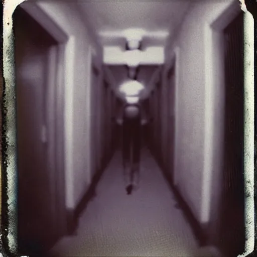 Image similar to a terrifying fungus zombie at the end of a hallway, dark!, creepy, nightmare fuel!!!, horror, horrifying, unsettling, uncanny valley!, old polaroid, expired film,