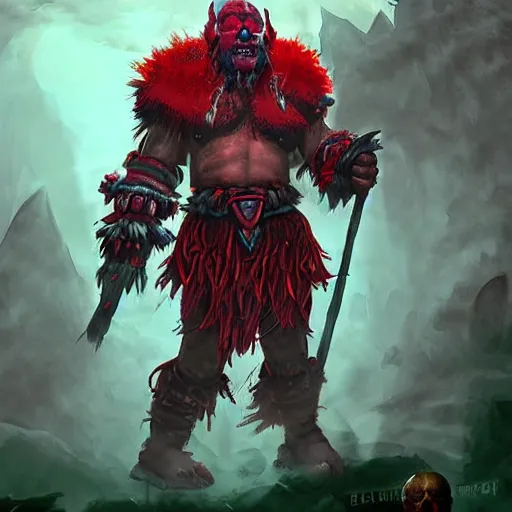 Prompt: red orc shaman, red theme lighting, skull staff, skull garments, battlefield background, in hearthstone art style, epic fantasy style art, fantasy epic digital art, epic fantasy card game art