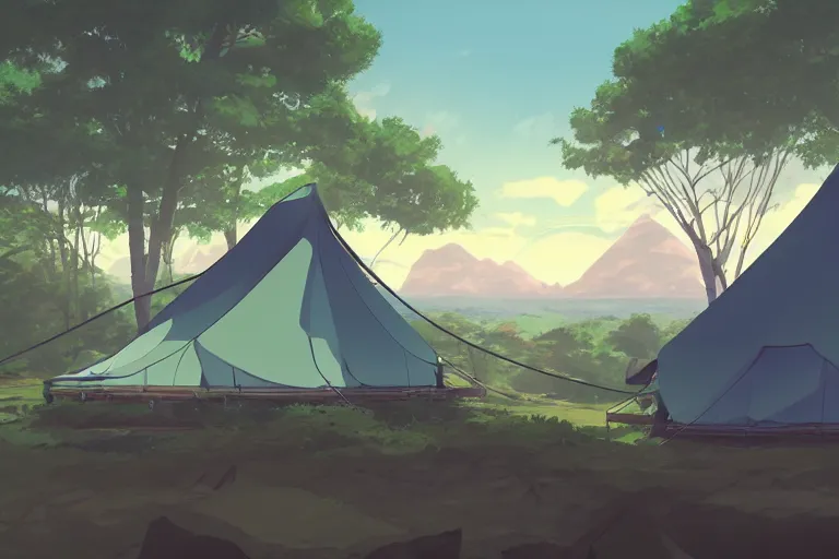 Image similar to A tent built on top of a very large mountain in the amazonian jungle, hanging veins, peaceful wide landscape, solarpunk, wide perspective, no humans, soft lighting, anime film still, by Makoto Shinkai and studio ghibli, cell shading, high details