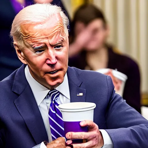Prompt: joe biden drinking purple liquid out of a styrofoam cup