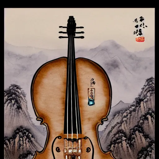 Prompt: a beautiful chinese coloerd ink painting of a cello surrended by montain and river, by Victo Ngai, Trending on artstation, light effect,detailed , high-definition,