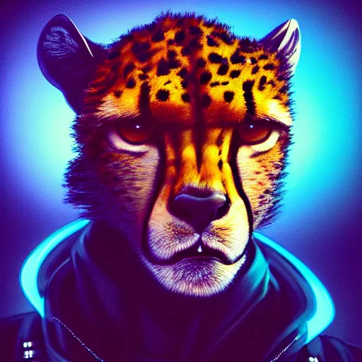 Prompt: a beautiful commission portrait of a male anthro cheetah wearing a neon jacket,futuristic,detailed face,mohawk,cyberpunk city,deviantart,artstation,art by greg rutkowski,ross tran,professional lighting,neon city,night,raytracing,highly realistic,4k,dramatic,hyperrealism,cinematic,low-angle ahot