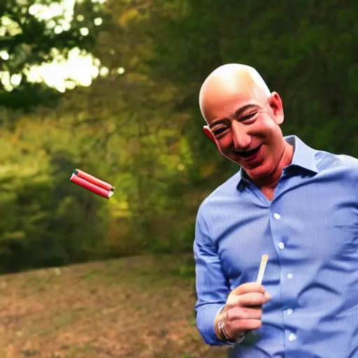 Prompt: Jeff Bezos smoking a joint and getting high, laughing, high quality photo
