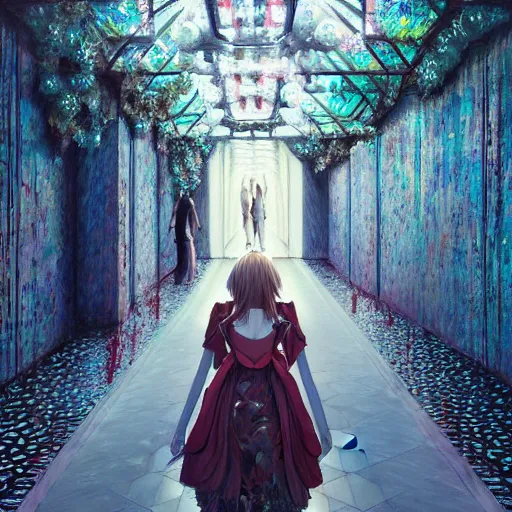 Image similar to beautiful girl in intricate clothing walking through a hallway made of blood diamonds, reflections, very high intricate details, horror, painting, digital anime art, medium shot, mid - shot, wlop, ilya kuvshinov, artgerm, krenz cushart, greg rutkowski, sana takeda