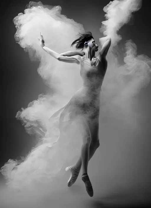 Image similar to a photorealistic dramatic hyperrealistic render of a glamorous beautiful female dancer by ken brower and deborah ory of nyc dance project, lois greenfield, flowing cloth and smoke, beautiful dynamic dramatic dark moody lighting, beautiful face volumetric, shadows, artgerm, cinematic atmosphere, octane render, 8 k