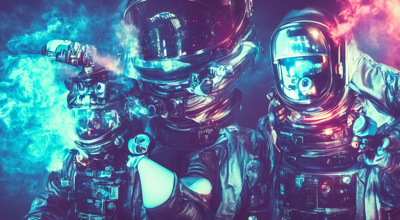 Image similar to a man in a space suit with a smoke bomb in his hand, cyberpunk art by mike winkelmann, shutterstock contest winner, space art, darksynth, retrowave, synthwave