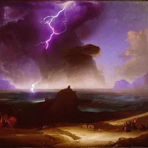 Image similar to a large purple cliff surrounded by purple lightning with an army in the foreground by john martin oil on canvas