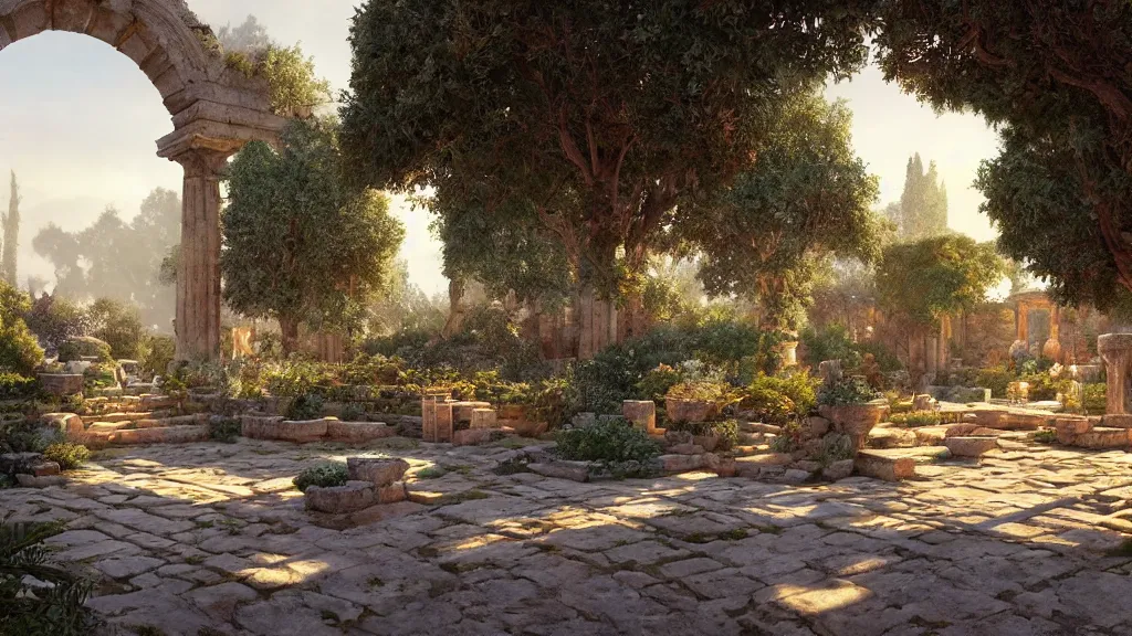 Prompt: a photorealistic hype realistic render of an interior of a beautifully decorated ancient greek garden, by pixar, greg rutkowski, wlop, artgerm, dramatic moody sunset lighting, long shadows, volumetric, cinematic atmosphere, octane render, artstation, 8 k