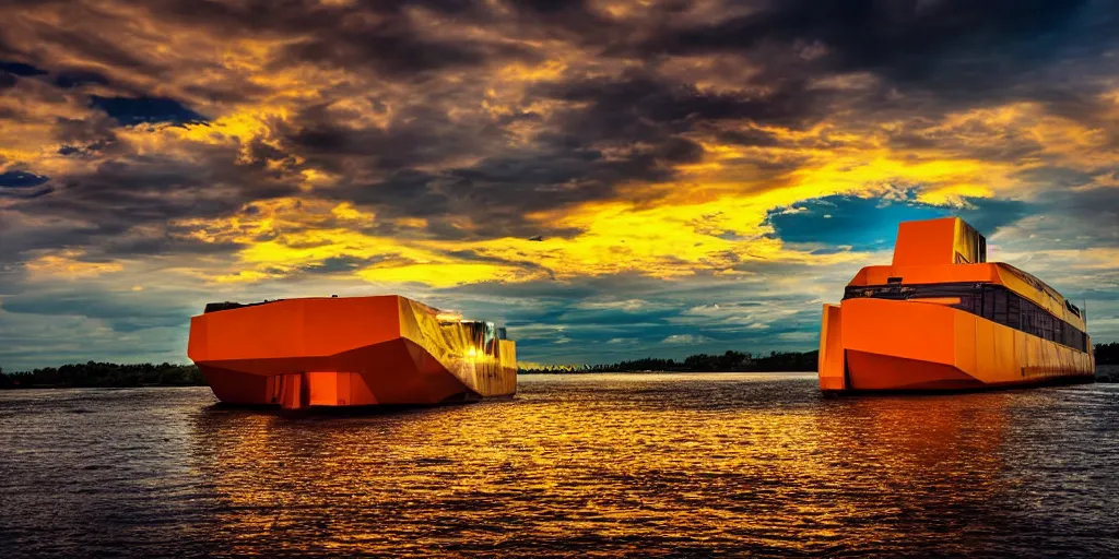 Image similar to futuristic barge ship, yellow - orange color, wide - angle lens, dramatic lighting, cool marketing photo