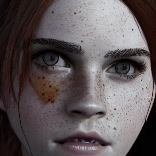 Image similar to textured film grain freckled face scratches and smudges hairy emma watson as a pixar character cgsociety octane render unreal engine redshift render trending on artstation trending on artstation render blender behance cg superhero