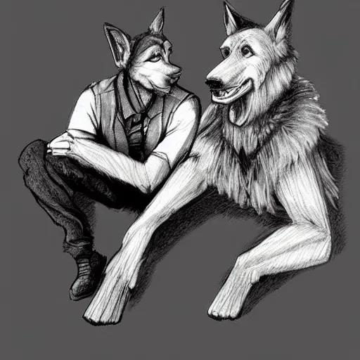 Image similar to two humanoid german shepherds beast - men, sitting on a couch and hugging together, artstation, concept art, smooth, sharp foccus ilustration, artstation