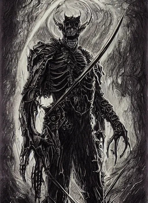 Prompt: demon knight in eldritch armor, blacklight poster on black paper, beautifully symmetrical, high detail render, by bernie wrightson greg rutowsk james jean